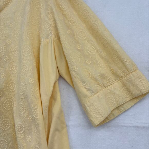 Woman Within Blouse Size 1X Yellow Embroidered Button Up Elbow Sleeve Cotton - Picture 6 of 8